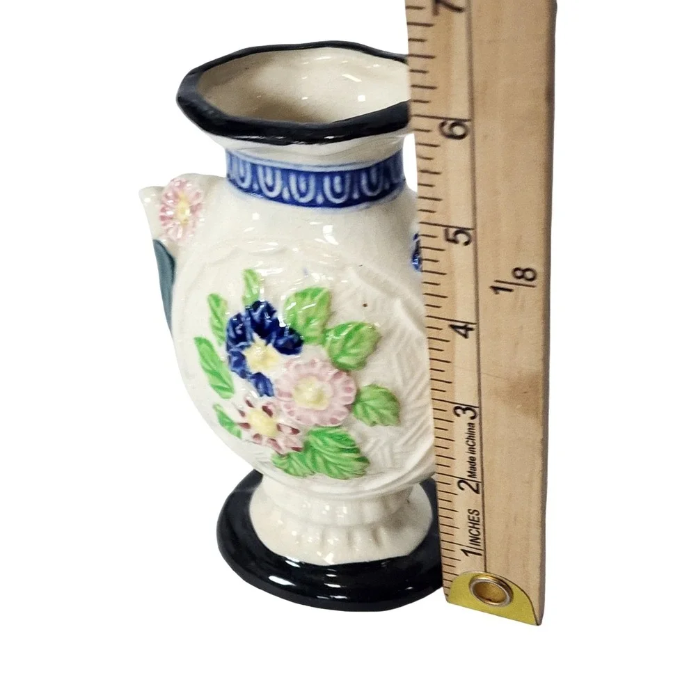 Vintage Made in Japan Floral Relief Ceramic Bud Vase Blue Pink Cream 6.25 inch